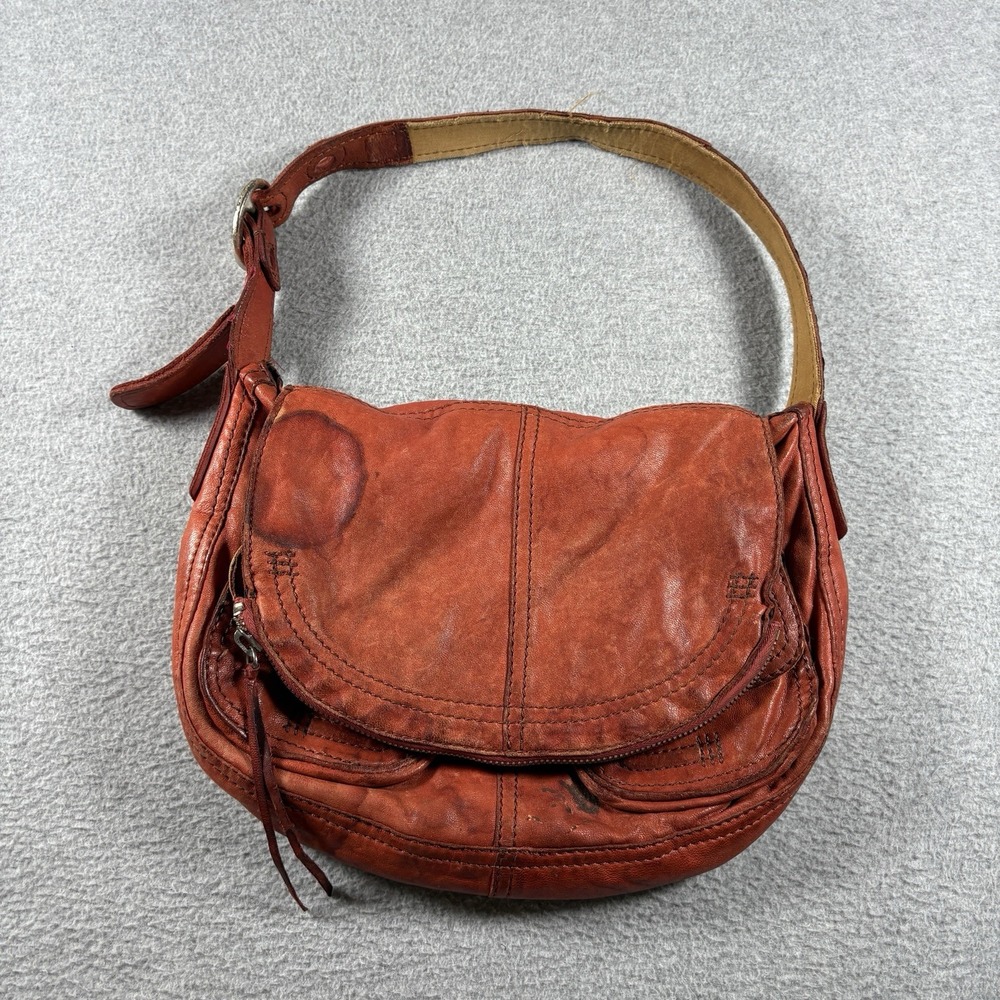 VTG Lucky Brand The Stash Italian Lambskin Leather Hobo Bag Rust Orange Y2K Boho